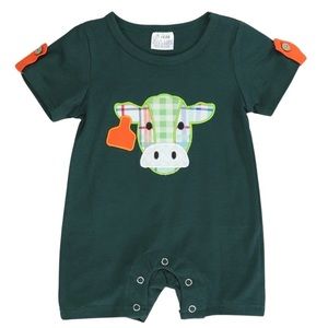 Marie Nicole Clothing Dark Green Cow Romper 3-6M